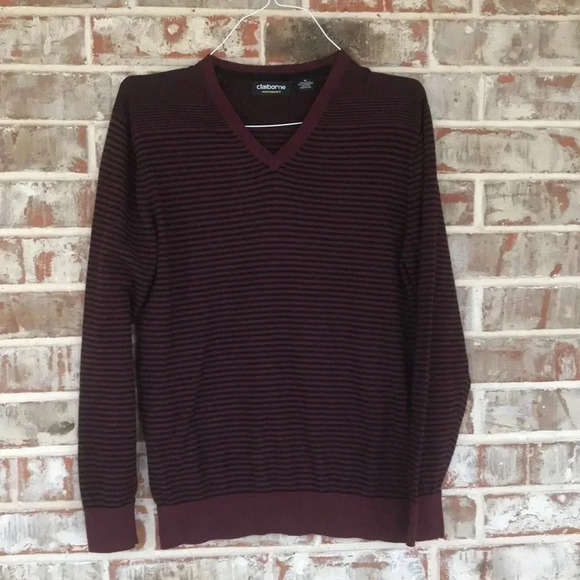 Claiborne Maroon Black Striped V-neck Lightweight Sweater - Picture 1 of 8